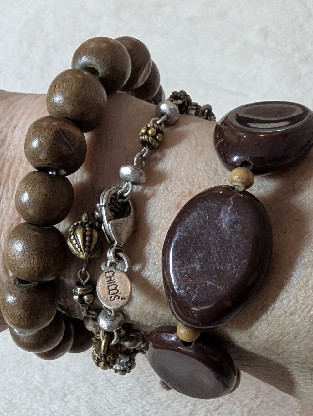 Curated 3pc Vtg 1970s Wood, Lucite & Chico’s Tri-Metal Charm Bracelet Stack